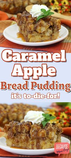 caramel apple bread pudding with whipped cream on top