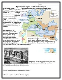 A two page article with maps and diagrams of the Byzantine Empire and the city of Constantinople.  Includes reading comprehension and map skills questions. The Byzantine Empire, Map Skills, Byzantine Empire, Medieval Times, World History, Teacher Newsletter, Educational Materials, Reading Comprehension, Teacher Pay Teachers