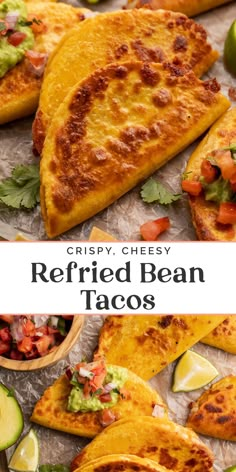 crispy cheesy refried bean tacos with avocado and salsa