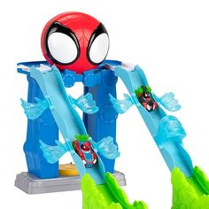 a spider - man plays with his toys in the water on a white background,