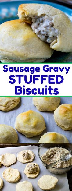 sausage gravy stuffed biscuits on a baking sheet and in the background, there is a pan with pita bread