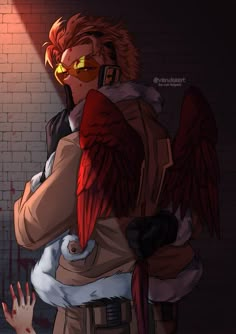 an anime character with red hair and yellow eyes hugging another character in front of a brick wall