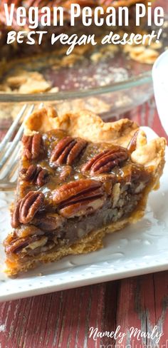 a slice of vegan pecan pie on a plate