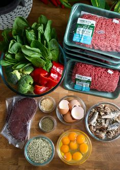 the ingredients for this meal include meat, eggs, broccoli, and tomatoes