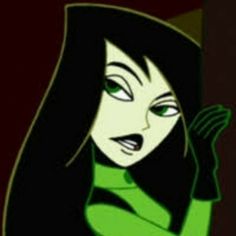 an animated image of a woman with long hair and green eyes looking at the camera