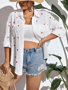 Plus Heart Embroidery Drop Shoulder Pocket Patched Shirt White Casual  Long Sleeve Woven Fabric Heart Shirt Non-Stretch  Women Plus Clothing, size features are:Bust: ,Length: ,Sleeve Length: Plus Size Summer Casual, Drop Shoulder Shirt, Patches Shirt, Heart Embroidery, Fabric Heart, Cropped Leather Jacket, Heart Shirt, Casual Summer Shirts, Casual Coat