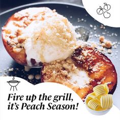 an advertisement for a restaurant with grilled peaches and ice cream