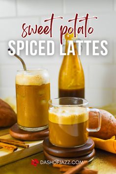 sweet potato spiced lattes with cinnamon in the foreground and an orange juice in the background