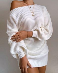 White Pullover Sweater Dress Relaxed Fit Lantern Sleeve Knit Mini Dress #sponsored Winter Sweater Dresses, Woolen Dresses, Womens Knit Dresses, Off Shoulder Sweater, Knitted Tops, Mini Sweater Dress, Knit Mini Dress, Knit Sweater Dress, Mini Dress With Sleeves