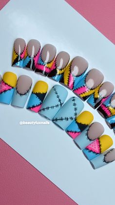 Easy and cute Sally from Nightmare before Christmas Nail Design Set| Halloween Press On Nails. Nmbc Nails, Night Before Christmas Nails