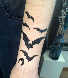 Bats Tattoo Ideas Around Wrist, Bat Tattoo On Wrist, Bat Tattoo Wrist, Goth Ankle Tattoo, Eddie Munson Bat Tattoo, Bat Tattoo Arm, Stitches Tattoo, Bats Tattoo, Alternative Tattoos