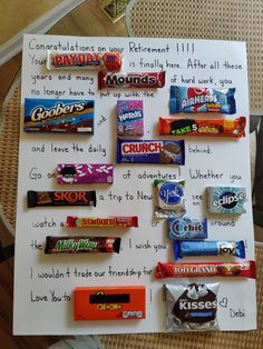 a bulletin board with candy bars on it