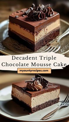 two slices of decadent triple chocolate mousse cake