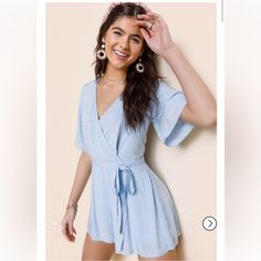 New Ingrid Swiss Dot Kimono Romper From Francesca’s. Beautiful, Flowing Design That Features A Tie Waste And Tie For The Shoulders. Zip Up In The Back. Blue Short Sleeve Jumpsuit With Tie Waist, Blue Summer Jumpsuits And Rompers With Tie Waist, Blue V-neck Jumpsuit Or Romper With Tie Waist, Light Blue Short Sleeve Jumpsuits And Rompers For Spring, Light Blue Short Sleeve Jumpsuits For Spring, Blue Tie Waist Jumpsuit For Day Out, Flow Design, Swiss Dot, Pant Jumpsuit