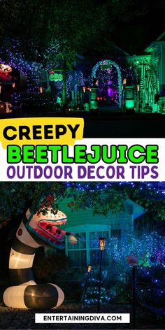 Creepy Beetlejuice Outdoor Decor Tips | Outdoor Halloween Decorating Asylum Halloween, Halloween Table Settings, Outdoor Decor Ideas, Annual Halloween Party, Beetlejuice Movie, Beetlejuice Halloween