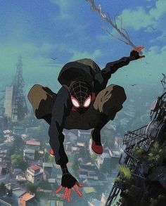 spider - man flying through the air over a city