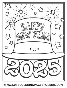 a happy new year coloring page with a top hat and stars in the sky on it