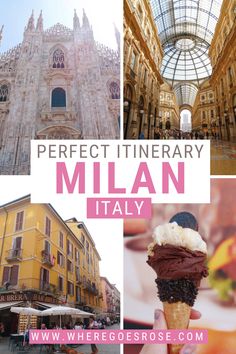 the collage shows different buildings and food items in italy, including an ice cream sundae