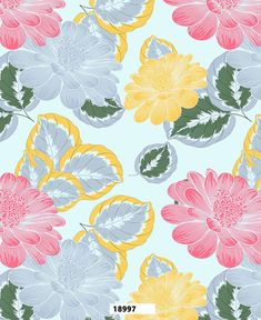 an image of a flower pattern on a blue wallpaper with yellow and pink flowers