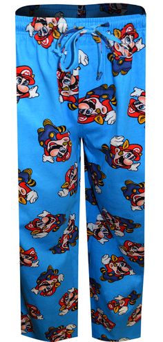 Get ready to jump and play! These 100% cotton lounge pants for men feature Nintendo's much loved Mario character on a blue background. Machine washable with a button fly and drawstring tie, covered elastic waistband with side pockets. Cotton Pants With Elastic Waistband For Sleepovers, Playful Blue Pants With Pockets, Blue Sleepwear With Pockets For Sleepover, Blue Sleepwear With Elastic Waistband For Bedtime, Cotton Pants With Cartoon Print For Loungewear, Cotton Lounge Pants With Cartoon Print, Cotton Bottoms With Character Print For Pajama Party, Cotton Cartoon Print Pants For Loungewear, Cotton Sweatpants With Elastic Waistband For Sleepover