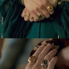 two pictures of hands with rings on them