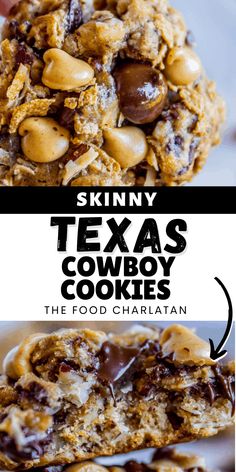 Skinny Texas Cowboy Cookies from The Food Charlatan. These low calorie cookies have NO sugar, NO white flour, and only 2 tablespoons of butter in the whole batch! What they do have are a ton of mix-ins. Oatmeal, coconut, bran flakes, pecans to name a few. They taste like a Texas Cowboy Cookie, but way better for you! (Which means I can eat half a batch...right?) Texas Cowboy Cookies, Cowboy Cookie, Low Calorie Cookies, Bran Flakes, Cowboy Cookie Recipe, Small Cookies, Mom Kitchen, Gf Baking, Texas Cowboy