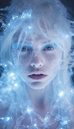 a woman with white hair and blue eyes is surrounded by ice - like bubbles in her face