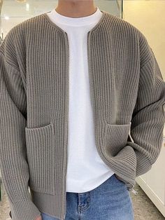 Autumn Knitted Long Sleeve Sweater Men Fashion Cardign Knitwear Slim Fit Men's Clothing New Pocket Warm Zipper Tops Male Casual Gray Ribbed Outerwear, Relaxed Fashion, Trendy Cardigans, Mode Mantel, Sporty Outfit, Mens Bags Fashion, Knit Wear, Mens Cardigan Sweater, Solid Color Sweater