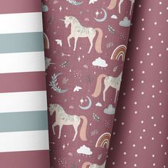 three different fabrics with unicorns and rainbows on them in pink, blue, green, white and grey colors