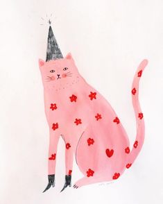 a drawing of a pink cat wearing a party hat with hearts on it's tail