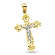 Genuine solid 14k gold high quality fashion pendant jewelry charm. Great gift for any Mens or Womens occasion. Solid 14k Yellow White Gold Jesus Cross Pendant Budded Crucifix Charm Two Tone Polished 31 x 22 mm. Size: one size.  Color: Metal Type.  Gender: unisex.  Age Group: adult. Being Prepared, Gold Bodies, Gold Pendant Jewelry, Catholic Jewelry, Precious Jewels, Star Jewelry, Mens Pendant, Jesus On The Cross, Cz Stone