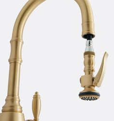 a kitchen faucet with brass colored fixtures and an overflowing shower head