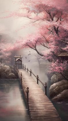 a painting of a bridge over a body of water with pink trees in the background