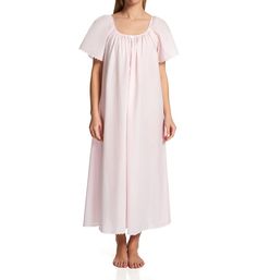 This graceful, lightweight nightgown is Made of woven 100% cotton for soft comfort and easy care. Lace trim at hem and on sleeves adds a feminine touch. Rosette and bow accent at center front. Deep scoop neckline flatters your decollete. A-line styling and ballet length provide an ultra-comfortable, relaxed fit. Short, flutter sleeves add pretty charm. Perfect for sleep and lounge. A graceful addition to your sleepwear wardrobe. Made in the USA. Amanda Rich Women's Short Sleeve Long Gown with Ey Pink Night Gown, Victorian Nightgown, Lace Nightgown, Vintage Nightgown, Women's Sleepwear, Victorian Lace, Nightgowns For Women, Lounge Dress, Nightgowns