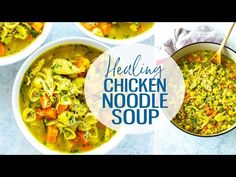 chicken noodle soup in four bowls with spoons on the side and title overlay