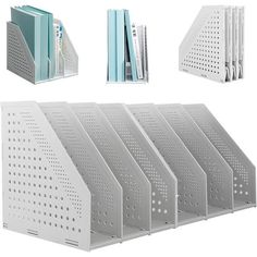 six white plastic file holders with holes and dividers on each side, one is holding files