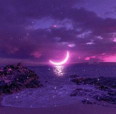 #moon #beach #aesthetic #night #sky #pretty #fantasy #art #dreamy #glitter #sparkle Purple Dreamy Aesthetic, Purple Aesthetic Moon, Galaxy Moodboard, Purple Moon Aesthetic, Mooncore Aesthetic, Moonlight Beach, Purple Aesthetic Background, Violet Aesthetic, Purple Things