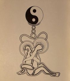 a black and white drawing of a person sitting on the ground with a yin sign above them