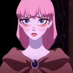 an anime character with pink hair and blue eyes