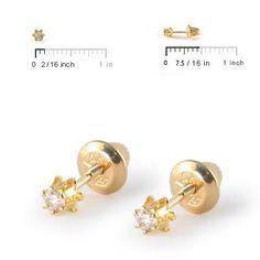 Elegant fine jewelry for girls of all ages! These stud earrings feature two brilliant round diamonds at 0.08 carat total weight. Each diamond is hand selected and hand set on 14k yellow gold flower shape setting for a perfect display. Screw back and short post are smooth and comfortable for everyday wear. A perfect gift for any occasion. Gift Diamond Accented Round Piercings, Yellow Gold Diamond Earrings With Birthstone, Classic Diamond Birthstone Earrings, Yellow Gold Piercings With Diamond Accents For Gift, Gift Diamond Earrings With Screw Back And Cubic Zirconia, Hypoallergenic Yellow Gold Diamond Earrings, Hypoallergenic Round Diamond Earrings In 14k Gold, Diamond White Screw Back Earrings For Gift, 14k Gold Diamond Flower Earrings For Gift