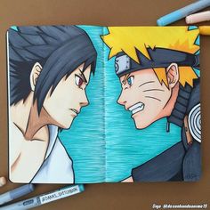 a drawing of naruto and sashirt is shown in the notebook next to some crayons