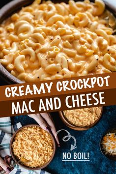 creamy crockpot macaroni and cheese in two bowls on a blue cloth