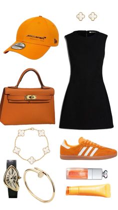 a woman's outfit and accessories including an orange hat, tennis shoe, handbag, watch, necklaces, bracelet