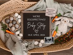 an easter basket filled with eggs, carrots and stuffed animals next to a sign that says we're egg specting baby story