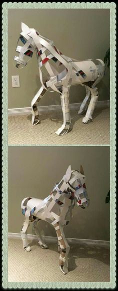 two pictures of a horse made out of paper