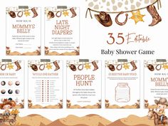 the baby shower game is set up with cowboy themed items and text that reads, 55 effile