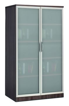 a book case with glass doors and shelves