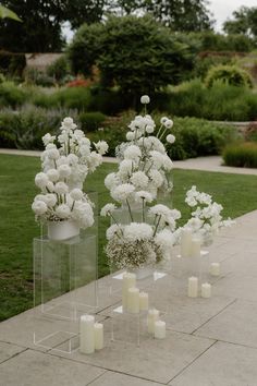 White, Ghost Plinths, Wedding,  Ceremony, DAHLIAS, Roses Acrylic Pillars Wedding Ceremony, White Pillar Wedding Ceremony, Wooden Plinths Wedding, Curved Ceremony Seating, Alter Florals Wedding, Plinth Ceremony Flowers, Wedding Alter Outside, Ceremony Plinth Flowers, Alter Decor Wedding