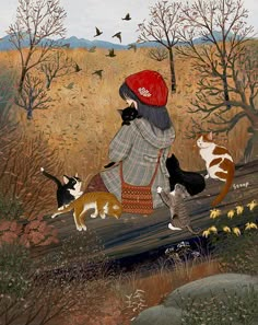 a painting of a woman walking with her cats in the woods and birds flying overhead