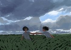 two people holding hands in the middle of a grassy field under a cloudy blue sky